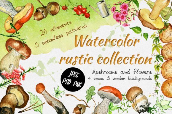 Watercolor Rustic Set with Mushrooms for Creative Projects